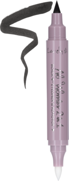 Dwustronny eyeliner Lovely No Worries 2w1 w liliowym pisaku, z czarną końcówką i korektorem. Obok kreska.