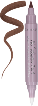 Lovely No Worries brązowy eyeliner & remover, fioletowy pisak z brązową końcówką i białą, obok próbka.