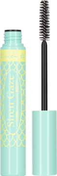 Lovely Siren Gaze Mascara: otwarta, miętowa butelka z żółtą etykietą w syrenie łuski, czarna szczoteczka.