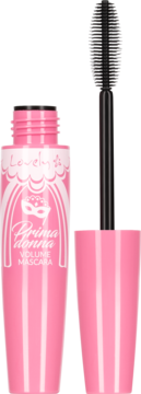 Różowa maskara Lovely Prima donna Volume Mascara, otwarty pojemnik i czarna szczoteczka silikonowa stojąca obok.
