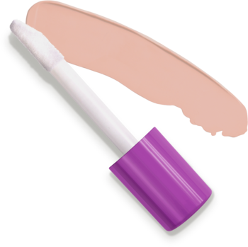 Lovely Liquid Camouflage korektor Dusty Pink. Duży aplikator z fioletową rączką obok smugi płynu.