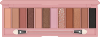 Paleta cieni Lovely Never too Latte: 12 kawowych, matowych i brokatowych odcieni z aplikatorem gąbkowym, widok z góry.