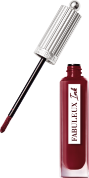 Ciemnoczerwona szminka w płynie Bourjois Fabuleux Ink, otwarta butelka z precyzyjnym aplikatorem.