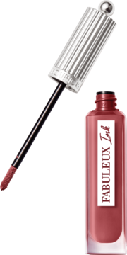 Płynna szminka Bourjois Fabuleux Ink w butelce z srebrną zakrętką, wysunięty aplikator z różem.