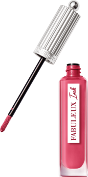 Bourjois Fabuleux Ink szminka w płynie o połysku, różowa butelka z wyjętym srebrnym aplikatorem.