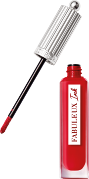 Czerwona szminka w płynie Bourjois Fabuleux Ink o lśniącym wykończeniu, z precyzyjnym aplikatorem.