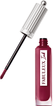 Bordowa szminka Bourjois Fabuleux Ink w płynie, otwarta butelka i precyzyjny aplikator z produktem.