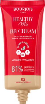 Bourjois Healthy Mix BB Cream 02 Vanilla, czerwono-beżowa tubka, Clean & Vegan, z witaminami C, B5, E.