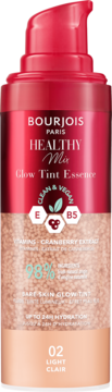 Bourjois Healthy Mix Glow Tint Essence, czerwona butelka z pompką, odcień 02 Light Clair, widok z przodu.