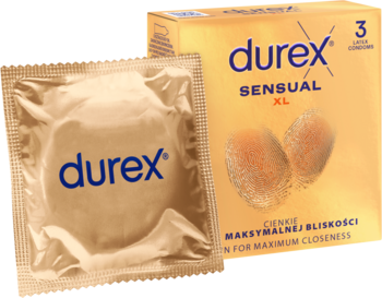 Widok złotego opakowania Durex Sensual XL, cienkich prezerwatyw, obok jedna sztuka w folii. Idealne dla bliskości.