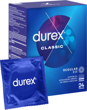 Niebieskie opakowanie prezerwatyw Durex Classic 24 szt. Regular Fit, z przodu pojedyncza prezerwatywa.