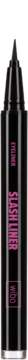 Czarny eyeliner w pisaku Wibo Slash Liner, pionowy widok. Błyszcząca obudowa, różowe napisy, srebrna podstawa.