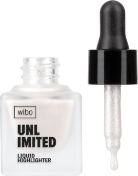 Wibo Unlimited liquid highlighter in a frosted bottle with open black dropper, showing pearlescent liquid.