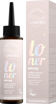 OnlyBio Toner Mleczny do włosów blond, w brązowej butelce z różową etykietą i pasującym pudełkiem, widok z przodu.