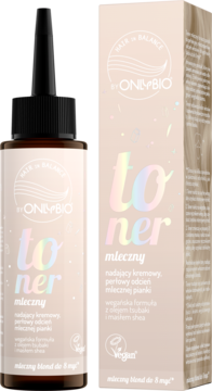 Toner do włosów OnlyBio Hair in Balance mleczny blond, butelka z kroplomierzem i pudełko na białym tle.