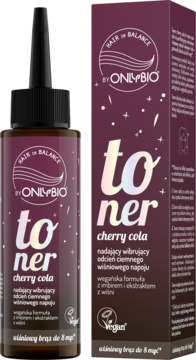 OnlyBio Hair in Balance toner Cherry Cola do włosów, butelka i kartonik w ciemnej czerwieni, widok z przodu.
