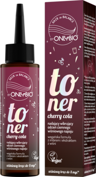 OnlyBio Hair in Balance toner cherry cola, butelka i pudełko w barwie ciemnej wiśni, do brązowych włosów.