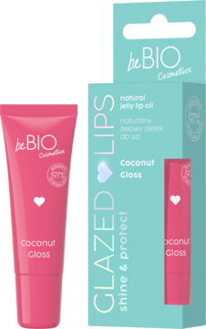 BeBIO Coconut Gloss naturalny żelowy olejek do ust w różowej tubce i jasnoniebieskim pudełku.