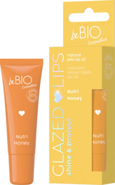 Pomarańczowy olejek BeBio Nutri Honey w tubce i otwartym pudełku Glazed Lips, widok z przodu, serce.