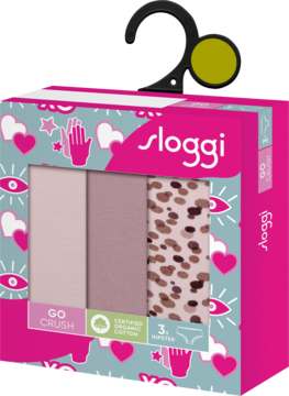 Zestaw 3 par majtek Sloggi GO Crush hipster: jasny róż, ciemny róż i leopard, w różowym pudełku z wieszakiem.
