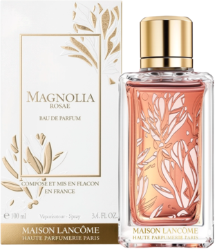 Perfumy Lancôme Magnolia Rosae EDP. Różowa butelka i białe pudełko ze złotym wzorem magnolii, widok przód.