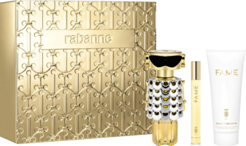 Zestaw perfum Paco Rabanne Fame, złote pudełko, butelka EDP 80ml, spray 10ml, balsam 100ml, widok z przodu.