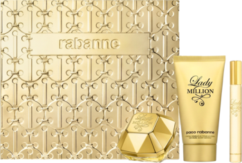 Złoty zestaw prezentowy Paco Rabanne Lady Million: perfum, balsam, miniatura i ozdobne pudełko na czarnym tle.