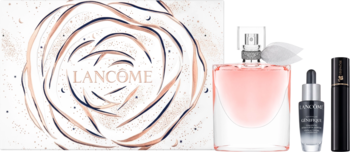 Zestaw Lancôme: perfumy La Vie Est Belle, tusz Hypnose, serum Advanced Genifique. Na tle białego pudełka z różą.