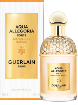 Guerlain Aqua Allegoria Forte Mandarine Basilic EDP, złoty flakon z korkiem o strukturze plastra miodu, obok pudełka.
