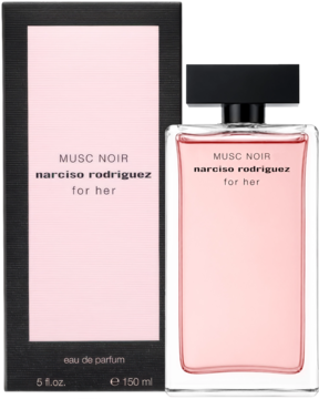 Narciso Rodriguez Musc Noir for her EDP: różowa butelka z czarnym korkiem, obok stojące czarne pudełko.