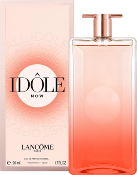Lancome Idole Now orientalno-kwiatowy zapach: butelka gradient róż-pomarańcz obok jasnoróżowego pudełka.