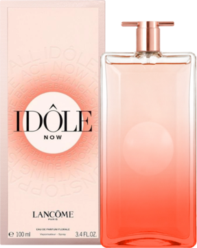 Lancome Idole Now EDP, butelka ombre róż-pomarańcz i pudełko z wzorem kręgów. Orientalno-kwiatowy zapach, widok z przodu.