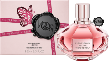 Viktor & Rolf Flowerbomb Nectar woda perfumowana, różowa butelka obok jasnego pudełka z motylem i pieczęcią V&R.
