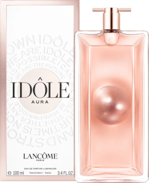Lancôme Idôle Aura EDP, różowo-złota butelka z perłowym okręgiem, obok białe opakowanie, widok z przodu.