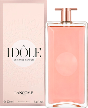 Lancome Idôle woda perfumowana, smukły flakon z różowym płynem i pudełko, widok pod kątem. Zapach szyprowo-kwiatowy.