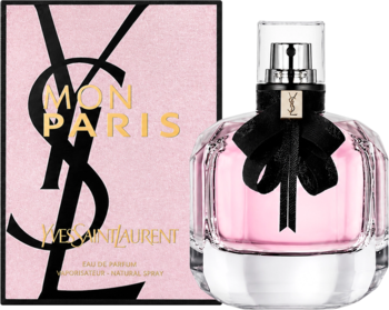 Mon Paris YSL perfumy w fasetowanej różowej butelce z czarną kokardką i logo, obok różowe pudełko.