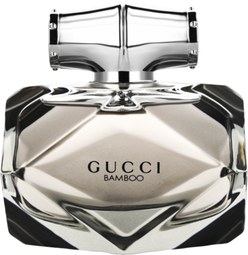 Gucci Bamboo woda perfumowana, lśniąca srebrna butelka z fasetowanymi zdobieniami i napisem, widok z przodu.