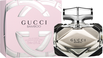 Gucci Bamboo EDP: różowe pudełko z logo GG i fasetowany flakon ze srebrnym korkiem, widoczne obok siebie.