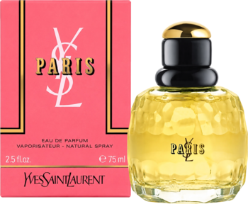 YSL Paris Eau de Parfum: fasetowany flakon 75ml i różowe pudełko z logo. Widok z przodu, kwiatowa kompozycja.