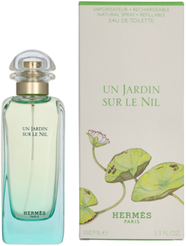 Woda toaletowa Hermes Un Jardin sur le Nil unisex, butelka gradientowa od zieleni do błękitu i beżowe pudełko z liśćmi lotosu.