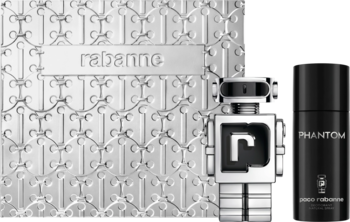 Paco Rabanne Phantom zestaw: srebrne, tłoczone pudełko, futurystyczna butelka robota EDT i czarny dezodorant.