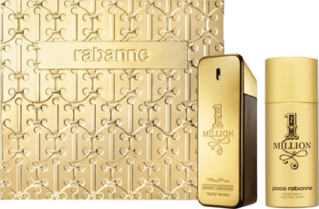 Złoty zestaw Paco Rabanne 1 Million: ozdobne pudełko, woda toaletowa w sztabce i dezodorant, widok z przodu.