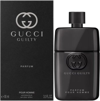 Czarne perfumy męskie Gucci Guilty Pour Homme Parfum, butelka i pudełko obok siebie z logo GG, widok z przodu.