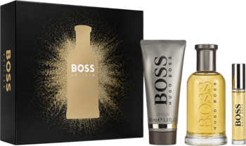 Zestaw Hugo Boss Boss Bottled. Czarne pudełko, złota woda toaletowa 100ml i 10ml, srebrny żel 100ml.