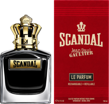 Scandal Pour Homme Le Parfum, elegancki flakon z koroną i czerwone opakowanie Le Parfum, widok z przodu.