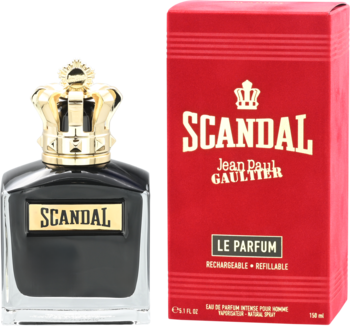 Jean Paul Gaultier Scandal Pour Homme Le Parfum, ciemna butelka ze złotą koroną obok czerwonego pudełka, widok z przodu.