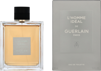 Guerlain L’Homme Ideal męska woda toaletowa, butelka z ciemnym płynem i szare pudełko obok siebie.