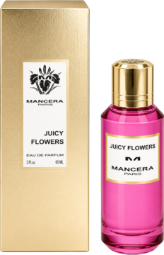 Damska woda perfumowana Mancera Juicy Flowers w złotym kartoniku i różowej butelce 60ml, z przodu.