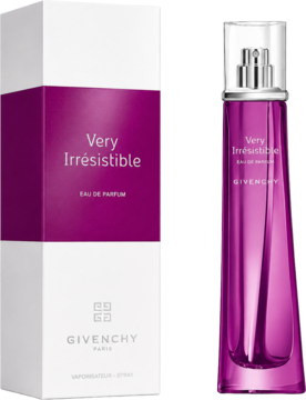 Givenchy Very Irrésistible Eau de Parfum, kwiatowa, w fioletowej butelce i białym pudełku, przód.