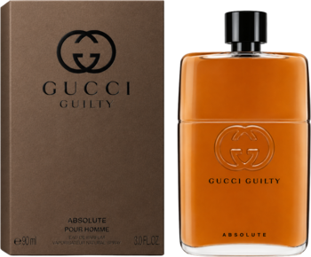 Gucci Guilty Absolute Pour Homme EDP, bursztynowa butelka z czarnym korkiem i brązowe pudełko, widok z przodu.